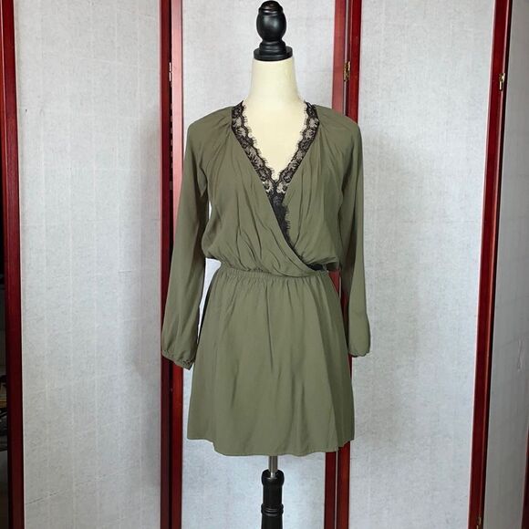 Express Army Green Faux Wrap Top Dress With Elastic Waist & Lace (Size: S) - Picture 6 of 14